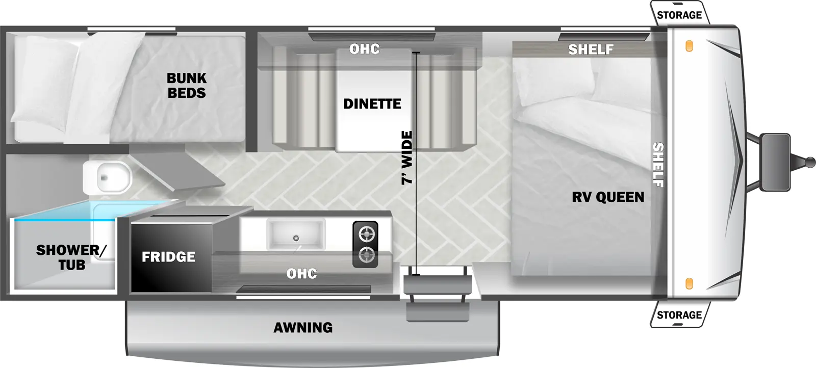 The Evo Southwest 171BHCE floorplan has one entry and zero slide outs. Exterior features include: fiberglass exterior. Interiors features include: bunk beds and front bedroom.